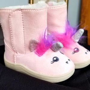 Infant girls winter boot; unicorn pink cozy faux shearing winter boot